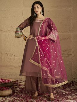 Varanga - Rose Gold Lace Detailing Kurta with Palazzo and Sequined Dupatta