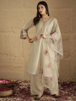 Varanga - Grey Embroidered Kurta with Palazzo and Dupatta