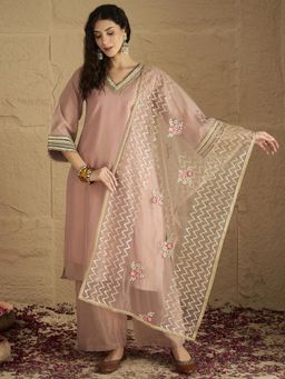 Varanga - Pink Lace Detailed Kurta with Palazzo and Dupatta