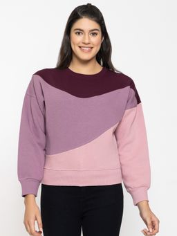 Femea - Maroon Women Colorblock Fleece Sweatshirt