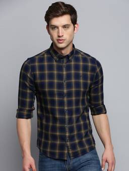 SHOWOFFFF - Mens Spread Collar Checked Navy Blue Classic Shirt