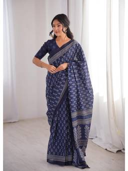 Nyri - Navy Blue Cotton Bagru Block Print Saree