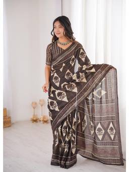 Nyri - Brown Cotton Bagru Block Print Saree