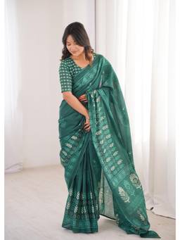 Nyri - Green Cotton Bagru Block Print Saree