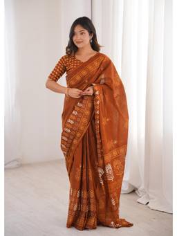 Nyri - Brown Cotton Bagru Block Print Saree