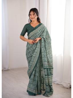 Nyri - Green Cotton Bagru Block Print Saree