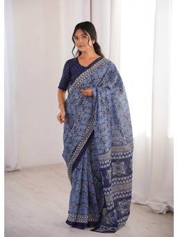 Nyri - Navy Blue Cotton Bagru Block Print Saree