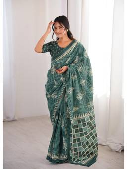 Nyri - Green Cotton Bagru Block Print Saree
