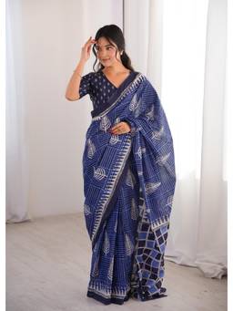 Nyri - Navy Blue Cotton Bagru Block Print Saree