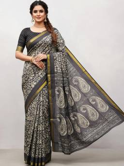 Nyri - Grey Printed Pure Cotton Bagru Saree