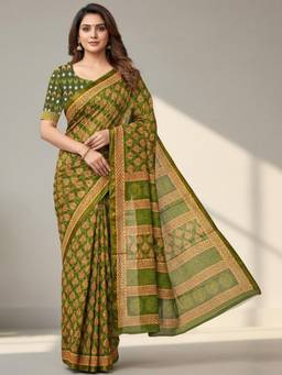 Nyri - Green Printed Pure Cotton Bagru Saree