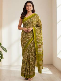 Nyri - Green Printed Pure Cotton Bagru Saree