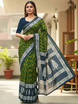 Nyri - Green Printed Pure Cotton Bagru Saree
