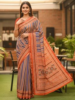 Nyri - Orange Printed Pure Cotton Bagru Saree