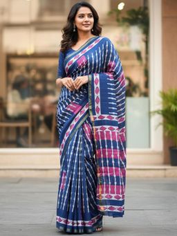 Nyri - Blue Printed Pure Cotton Bagru Saree