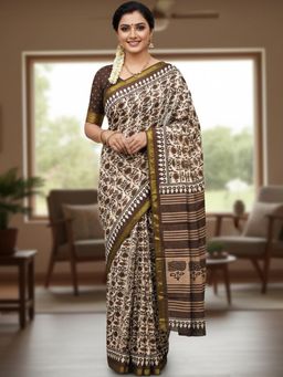 Nyri - Cream Printed Pure Cotton Bagru Saree