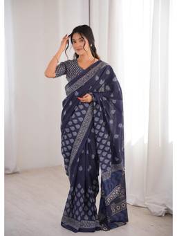 Nyri - Navy Blue Cotton Bagru Block Print Saree