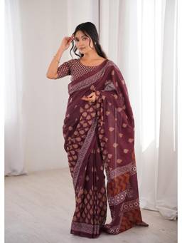 Nyri - Burgundy Cotton Bagru Block Print Saree