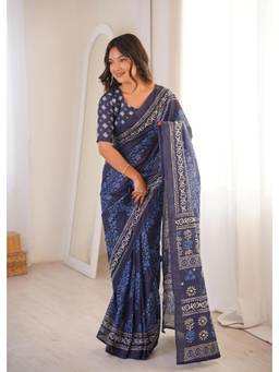 Nyri - Navy Blue Cotton Bagru Block Print Saree