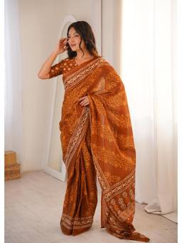 Nyri - Brown Cotton Bagru Block Print Saree