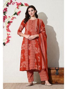 Gahan - Rust Floral Thread Work Anarkali Kurta & Pant with Dupatta