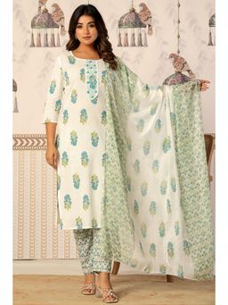 Gahan - Womens Floral Printed Round Neck Mirror Work Kurta & Pant with Dupatta