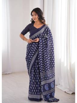 Nyri - Navy Blue Cotton Bagru Block Print Saree
