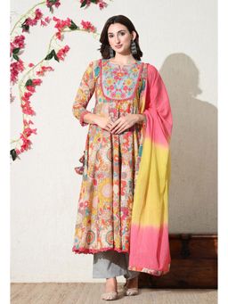 Gahan - Multi-Color Floral Thread Work Anarkali Kurta & Pant with Dupatta