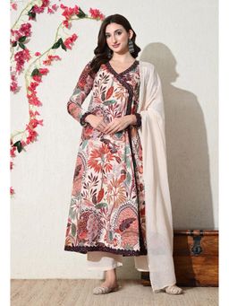Gahan - Floral Printed V Neck Pure Cotton Anarkali Kurta & Pant with Dupatta