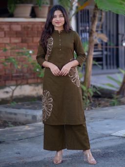 Gahan - Womens Olive Viscose Embroidered A Line Kurta with Palazzo