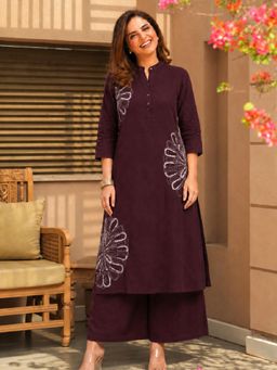 Gahan - Womens Wine Viscose Embroidered A Line Kurta with Palazzo