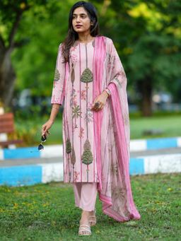 Gahan - Womens Pink Viscose Rayon Floral Straight Kurta with Pant & Dupatta
