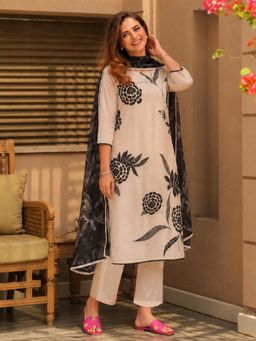 Gahan - Womens Cream Viscose Rayon Printed Straight Kurta with Pant & Dupatta