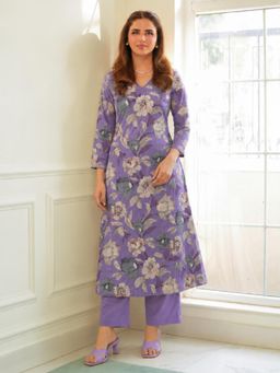 Gahan - Womens Purple Viscose Rayon Floral Straight Kurta with Pant