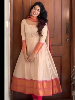 Gahan - Womens Beige Flared Anarkali Kurta with Dupatta