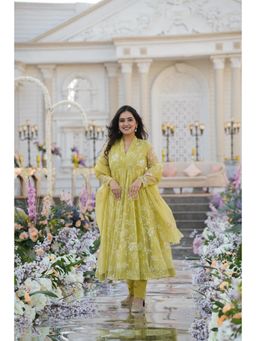 Gahan - Womens Yellow Embroidered Anarkali Kurta with Pant & Dupatta