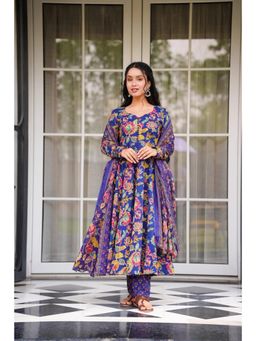 Gahan - Blue Floral Printed Flared Anarkali Kurta with Pant & Dupatta
