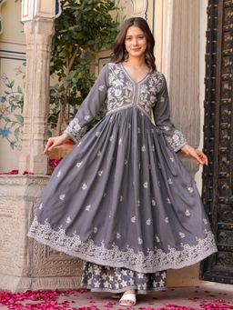 Gahan - Womens Grey Embroidered Flared Kurta with Sharara