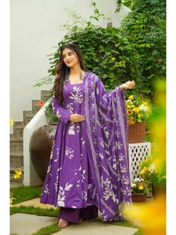 Gahan - Womens Purple Floral Printed Flared Anarkali Kurta with Palazzo & Dupatta