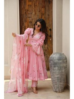 Gahan - Womens Pink Floral Printed Anarkali Kurta with Pant & Dupatta