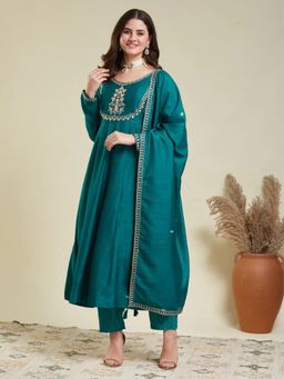 Gahan - Womens Turquoise Embroidered Anarkali Flared Kurta with Pant & Dupatta