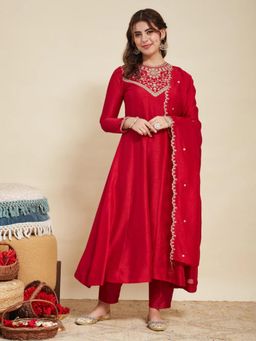 Gahan - Womens Red Embroidered Flared Anarkali Kurta with Pant & Dupatta
