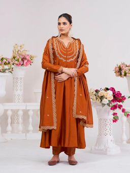 Gahan - Womens Rust Embroidered Flared Anarkali Kurta with Pant & Dupatta
