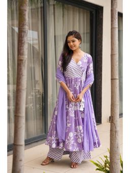 Gahan - Lavender Floral Printed Flared Anarkali Kurta with Palazzo & Dupatta