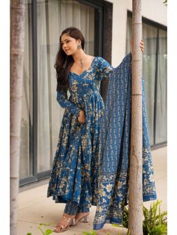 Gahan - Womens Teal Floral Printed Flared Anarkali Kurta with Pant & Dupatta