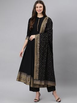 Gahan - Womens Black Printed Flared Anarkali Kurta with Pant & Dupatta