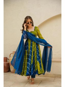 Gahan - Womens Green & Blue Tie Dye Anarkali Kurta with Pant & Dupatta