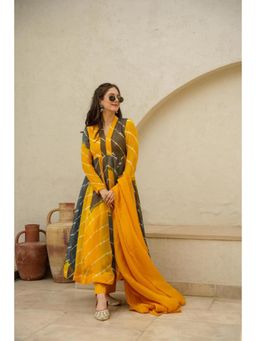 Gahan - Womens Yellow & Black Tie Dye Anarkali Kurta with Pant & Dupatta
