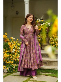 Gahan - Womens Purple Floral Printed Anarkali Kurta with Pant & Dupatta