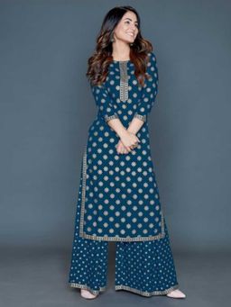Gahan - Womens Teal Foil Printed Straight Kurta with Palazzo